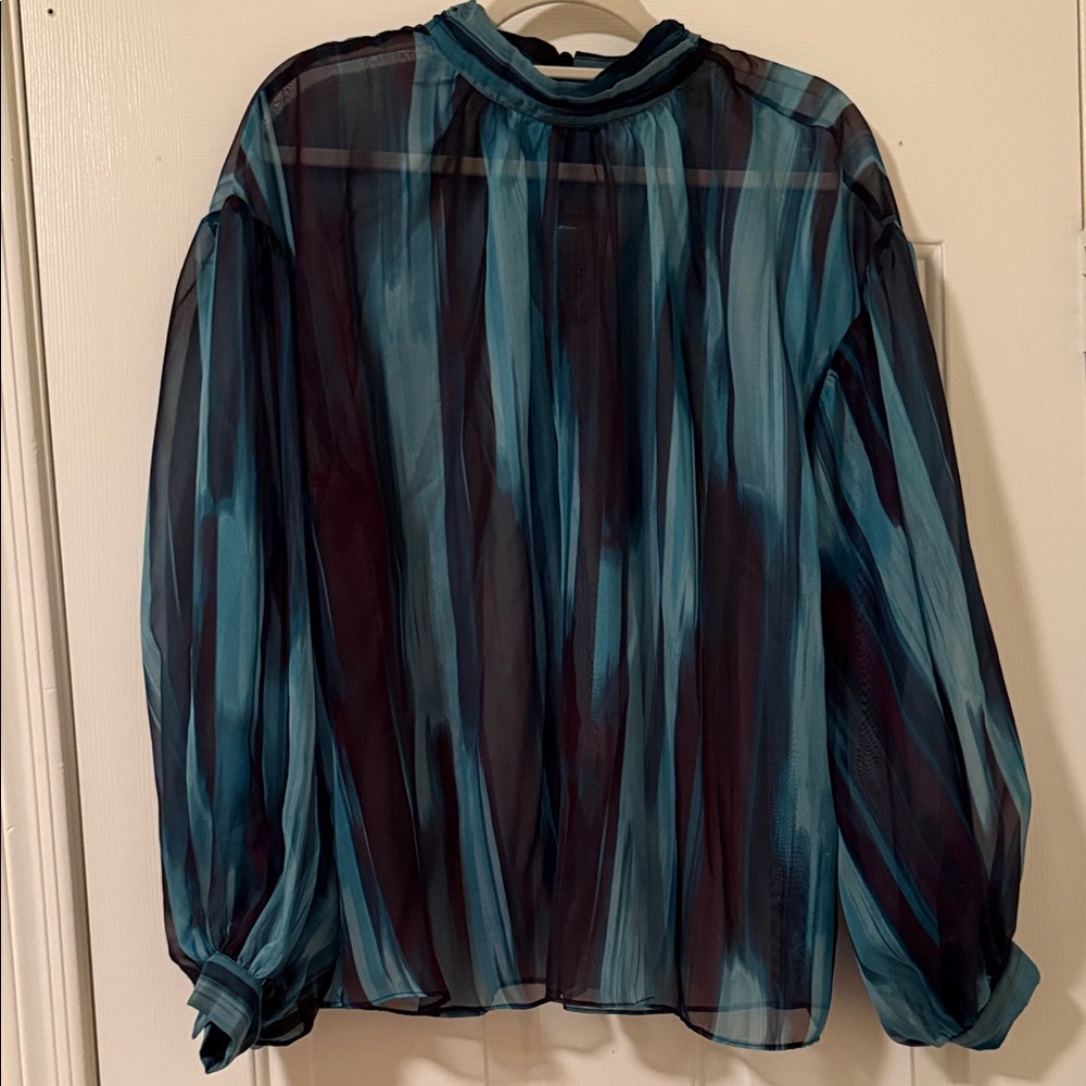 Eloquii High Neck Sheer Striped Blouse - Blue and Black